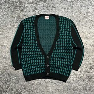 Vintage Bonjour Cardigan Sweater Blue Black Size Large Acrylic Pattern Cozy USA